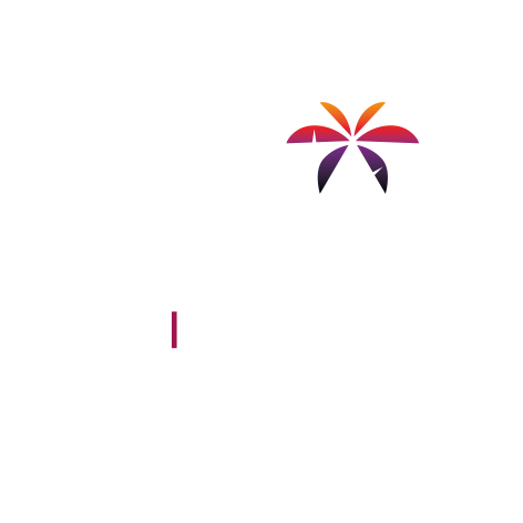 Das Bild zeigt das Logo des CLUB MOJO. Ein weißer MOJO Schriftzug in einem weißen Kreis. Auf dem J befinden sich Palmenblätter in einem Gelb-zu-Lila Verlauf.