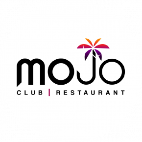 Ein weißer Kreis, in dem sich das MOJO Logo befindet. Ein schwarzer Schriftzug "MOJO" mit Untertitel Club / Restaurant. Auf dem J befindet sich eine bunte Palme.
